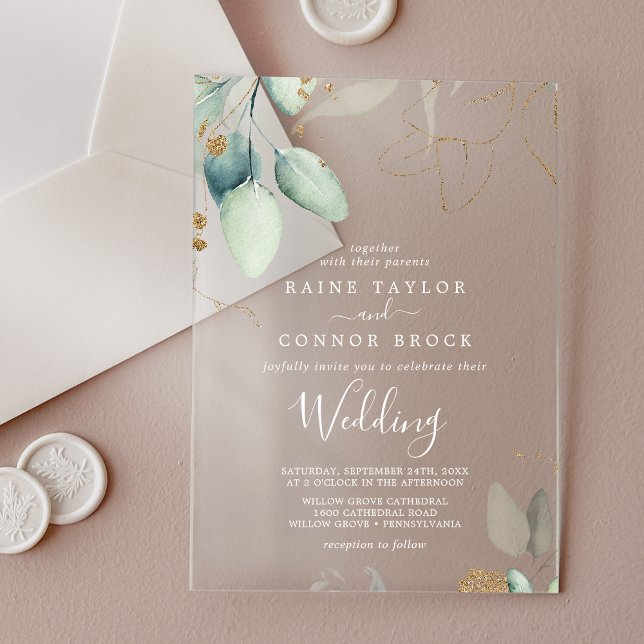 Invitaciones Acrílicas Boda Airy Greenery Gold Leaf White Eucalyptus (Airy Greenery Gold Leaf White Eucalyptus Wedding Acrylic Invitations)
