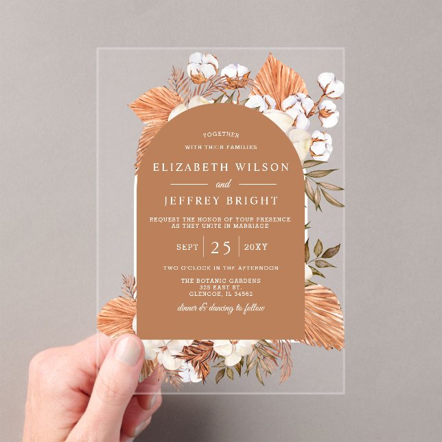 Invitaciones Acrílicas Boda arcaico de Terracota Rústica Boho Pampas (Insitu (portátil))