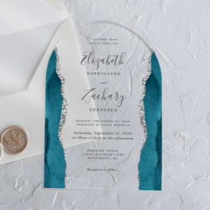 Invitaciones Acrílicas Boda Arco de Agata Azul Teal Moderno Plata