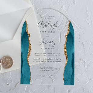 Invitaciones Acrílicas Boda Arco de Ágata Azul Teal Oro Moderno