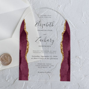 Invitaciones Acrílicas Boda Arco de Ágata Dorada Burgundy Moderna