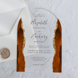 Invitaciones Acrílicas Boda Arco de Ágata Dorada Naranja Quemada Moderna