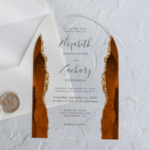 Invitaciones Acrílicas Boda Arco de Ágata Dorada Naranja Quemada Moderna