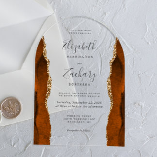 Invitaciones Acrílicas Boda Arco de Ágata Dorada Naranja Quemada Moderna
