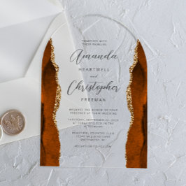 Invitaciones Acrílicas Boda Arco de Escritura Agata Dorada Naranja Quemad