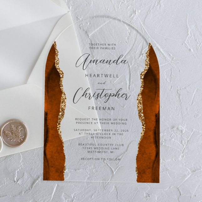 Invitaciones Acrílicas Boda Arco de Escritura Agata Dorada Naranja Quemad (Subido por el creador)