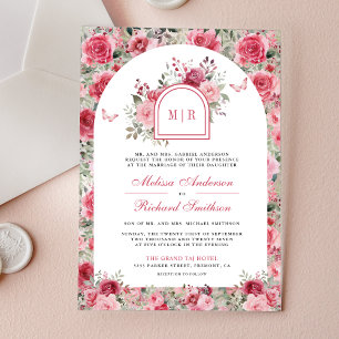Invitaciones Acrílicas Boda Arco de Mariposas Rosas Rosadas y Rojas de Sa