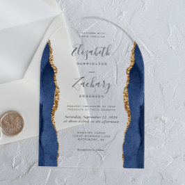Invitaciones Acrílicas Boda Arco de Oro Azul Marino Ágata Moderno
