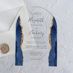 Invitaciones Acrílicas Boda Arco de Oro Azul Marino Ágata Moderno