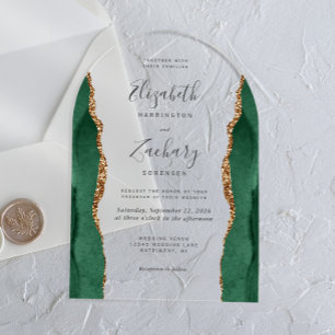 Invitaciones Acrílicas Boda Arco de Oro Verde Esmeralda Moderno de Ágata