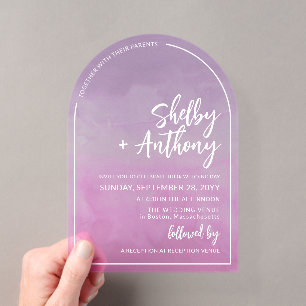 Invitaciones Acrílicas Boda Arco de Violeta Púrpura Pastel Nublado