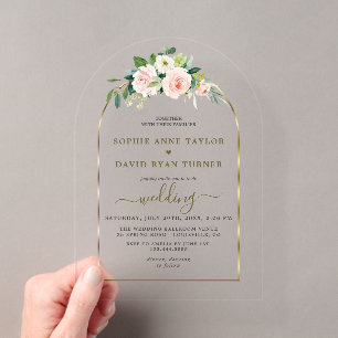 Invitaciones Acrílicas Boda Arco Dorado Flores Blancas Rosa Acuarela
