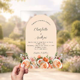 Invitaciones Acrílicas Boda arco floral rosa naranja melocotón transparen