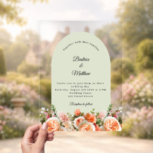 Invitaciones Acrílicas Boda arco floral verde salvia rubor melocotón tran