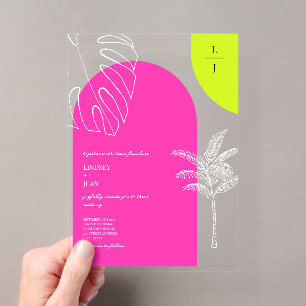 Invitaciones Acrílicas Boda Arcos de Neón Monograma Tropical