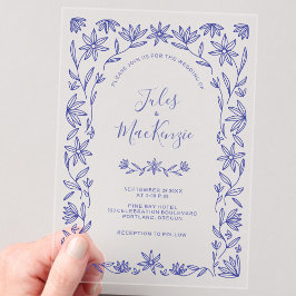 Invitaciones Acrílicas Boda Art Blue de la Línea Floral Moderna Simple