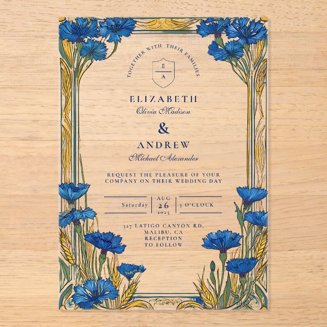 Invitaciones Acrílicas Boda Art Nouveau Blue Cornflower (Anverso)