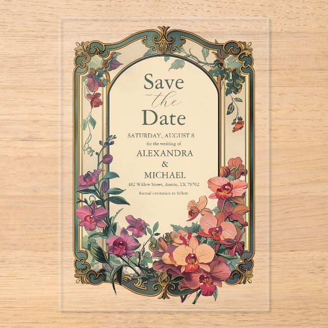 Invitaciones Acrílicas Boda Art Nouveau de estilo clásico (Anverso)