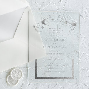 Invitaciones Acrílicas Boda Astronomía Luna Sol Plata Celestial