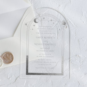 Invitaciones Acrílicas Boda Astronomía Luna Sol Plateado Celestial