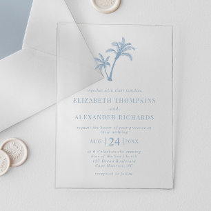 Invitaciones Acrílicas Boda azul agitado de palmeras de playa tropical