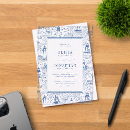 Invitaciones Acrílicas Boda Azul Faro de Baño Costero