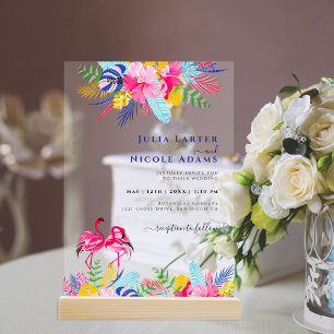 Invitaciones Acrílicas Boda azul marino rosa salvaje bosque perenne