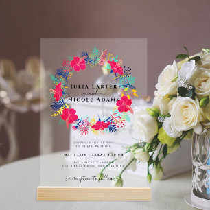 Invitaciones Acrílicas Boda azul marino rosa salvaje bosque perenne