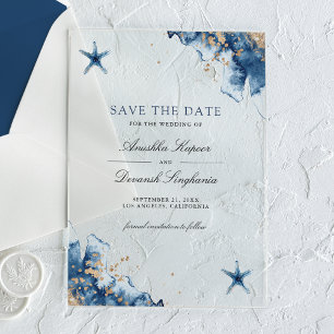 Invitaciones Acrílicas Boda azul Starfish de la Marina Náutica salva la f