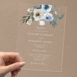 Invitaciones Acrílicas Boda azul turbio guión elegante floral rústico
