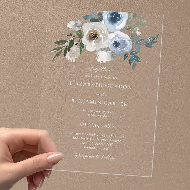 Invitaciones Acrílicas Boda azul turbio guión elegante floral rústico (Subido por el creador)