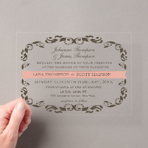 Invitaciones Acrílicas Boda Blanca CLEAR Floreado Elegante Filigrana