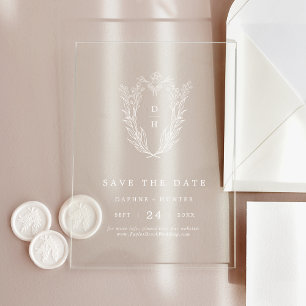 Invitaciones Acrílicas Boda Blanca con Monograma Floral DAPHNE Salva La F