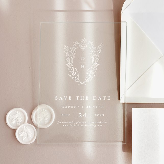 Invitaciones Acrílicas Boda Blanca con Monograma Floral DAPHNE Salva La F (DAPHNE Floral Monogram White Wedding Save The Date Acrylic Invitations)