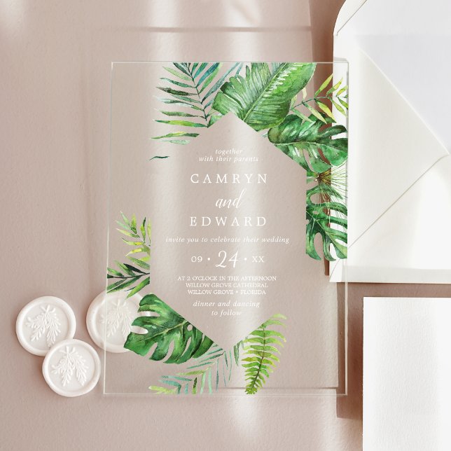 Invitaciones Acrílicas Boda Blanca de Hoja de Palma Tropical Salvaje Dest (Wild Tropical Palm Leaf White Destination Wedding Acrylic Invitations)