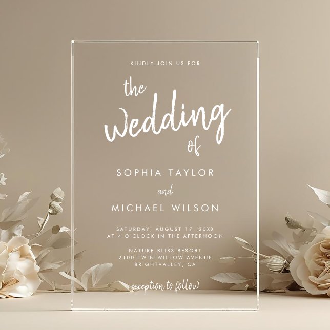Invitaciones Acrílicas Boda blanco de guión negrita moderno (Subido por el creador)