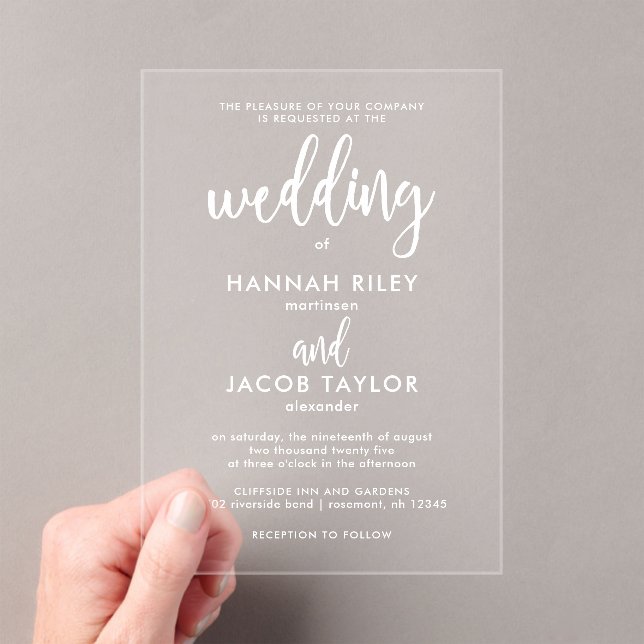 Invitaciones Acrílicas Boda blanco elegante de escritura moderna (Insitu (portátil))