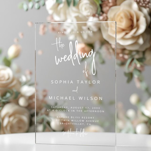 Invitaciones Acrílicas Boda blanco negro con letras de mano modernas (Subido por el creador)
