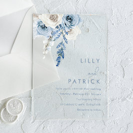 Invitaciones Acrílicas Boda blanco y azul turbio moderno