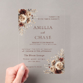 Invitaciones Acrílicas Boda Bohemiana Vintage Floral Todas las Estaciones