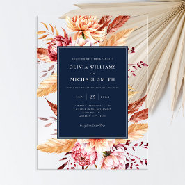 Invitaciones Acrílicas Boda bohemio chic floral azul marino