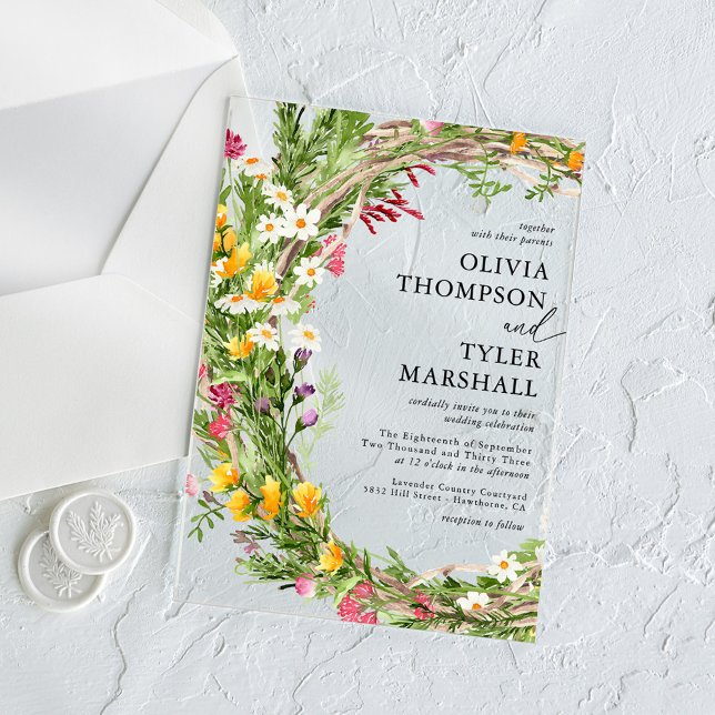 Invitaciones Acrílicas Boda bohemio de flores silvestres rusticas (Subido por el creador)