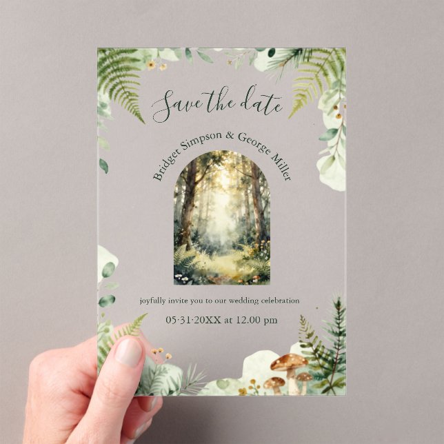 Invitaciones Acrílicas boda boho acuarela bosque verde (Insitu (portátil))