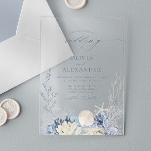 Invitaciones Acrílicas Boda boho acuarela playa elegante azul