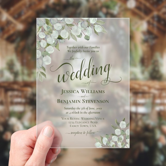 Invitaciones Acrílicas Boda Boho Chic de Eucalipto Rústico y Verdor (Frosted Acrylic with Rectangle Cut)