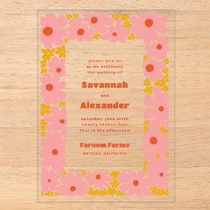 Invitaciones Acrílicas Boda Boho de Flores Rosadas y Naranjas Groovy