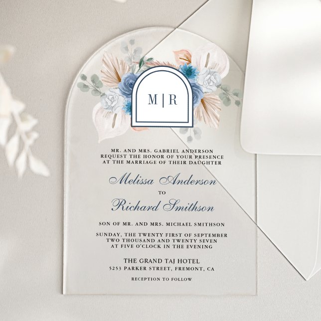 Invitaciones Acrílicas Boda Boho Floral Azul Polvoriento Pampas (Subido por el creador)