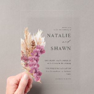Invitaciones Acrílicas Boda Boho Floral Púrpura