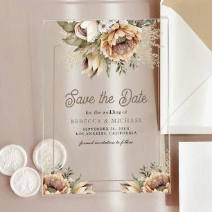 Invitaciones Acrílicas Boda Boho Floral Terroso Beige Guardar la Fecha