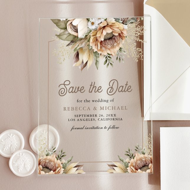 Invitaciones Acrílicas Boda Boho Floral Terroso Beige Guardar la Fecha (Subido por el creador)